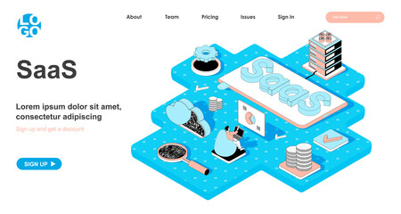 Leinwandbilder - SaaS isometric concept. Distribution of software by subscription, service for purchasing licenses and subscription, line flat isometry web banner. Vector illustration in 3d design for landing page