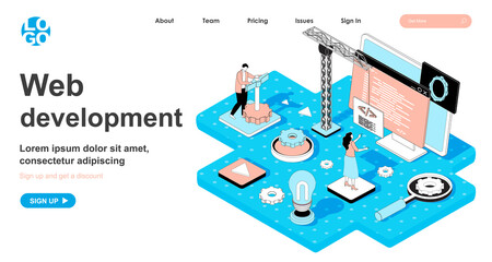 Aufkleber - Web development isometric concept. Developers building website, writing code, testing, customize and optimize page, line flat isometry web banner. Vector illustration in 3d design for landing page