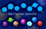 Fototapeta Kosmos - Galaxy kids game find a suitable planet silhouette