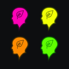 Bald Head With Leaf four color glowing neon vector icon