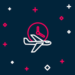 Sticker - Line Flight time icon isolated on blue background. Colorful outline concept. Vector