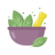 Mortar and pestle with leaves. Natural medicine concept. Vector illustration