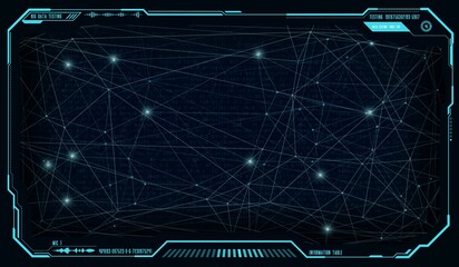 Futuristic UI HUD big data network, vector business technology. Digital display or screen monitor interface with global network connections of neon glowing lines and dots on background of data flow