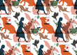 Seamless pattern with colorful elements of pets,cats, birds, lizards, rabbit, mouse, fish and dog. Endless texture, orange, blue, green, pink, isolated on white background. Vector illustration. 