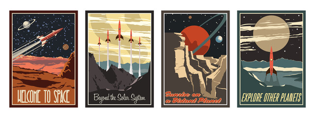 Sticker - Retro Futurism Style American Astronautics Propaganda Posters Stylization, Mid Century Modern Futurism Art 