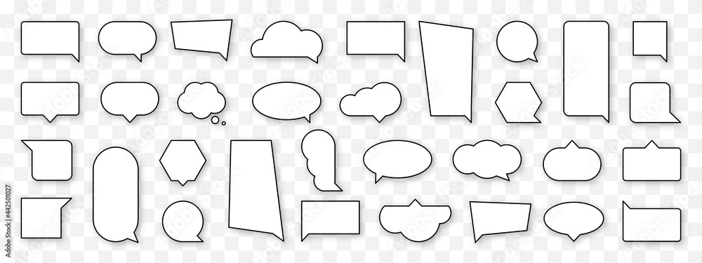 Blank cartoon speech bubble set. Empty comics cloud sign collection. Thinking, speaking, talking balloon icon. Black and white outline comic style and shape. Isolated vector illustration. - obrazy, fototapety, plakaty 