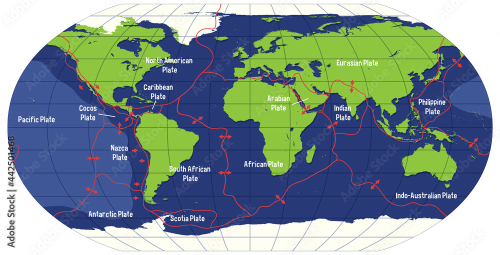 World Map Showing Tectonic Plates Boundaries Stock Vector | Adobe Stock