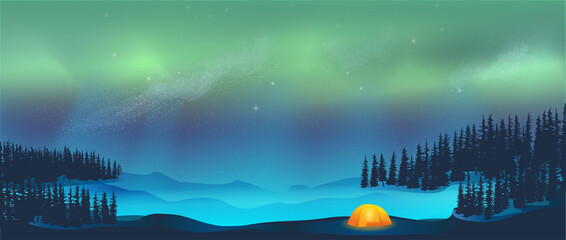 camping in tent under aurora borealis northern lights in snow