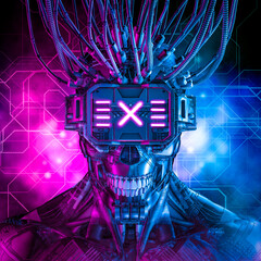 Wall Mural - hardwired cyberpunk skull robot / 3d illustration of science fiction cyberpunk skull faced grinning 