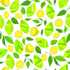  seamless vector patterns with lemons and leaves. Yellow and green lemon fresh summer ornaments for printing fabrics and packaging decoration.