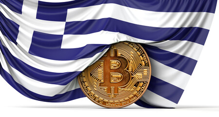 Wall Mural - Greece flag draped over a bitcoin cryptocurrency coin. 3D Rendering