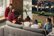 © master1305 - Excited, happy big group of young people watching sport match together on the couch at home.