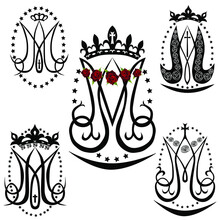Ave Maria. Monogram Of The Blessed Virgin Mary With Crown, Cross And Stars. Set Of Religious Signs. Vector Design.