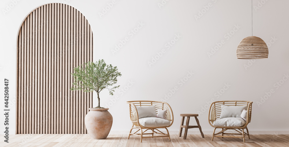 Boho cozy living room design, bright wall mockup, 3d render - obrazy, fototapety, plakaty 