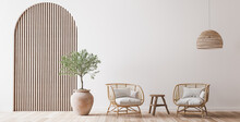 Boho Cozy Living Room Design, Bright Wall Mockup, 3d Render