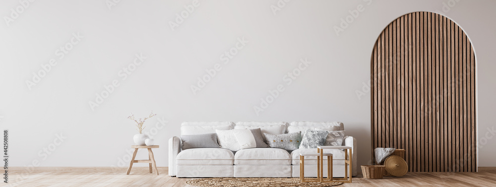 Boho cozy living room design, bright wall mockup, 3d render - obrazy, fototapety, plakaty 