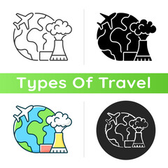 Sticker - Atomic tourism icon. Nuclear industry exploration abroad. Flight to foreign country. Industrial discovery. Travel industry category. Linear black and RGB color styles. Isolated vector illustrations