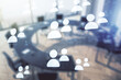 © Pixels Hunter - Abstract virtual social network concept on a modern conference room background. Multiexposure