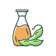 Sticker - Soy sauce RGB color icon. Isolated vector illustration. Salty ingredient added to meals. Vegeterian foods types. Liquids used to improve flavor of rice or noodles simple filled line drawing