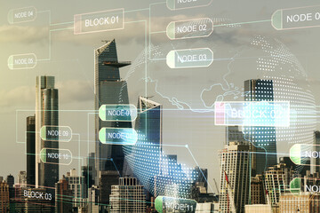 abstract virtual coding illustration and world map on new york cityscape background, international s