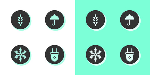 Sticker - Set Electric plug, Wheat, Snowflake and Delivery package with umbrella icon. Vector