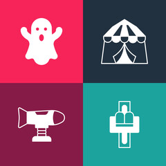 Sticker - Set pop art Attraction carousel, Swing plane, Circus tent and Ghost icon. Vector