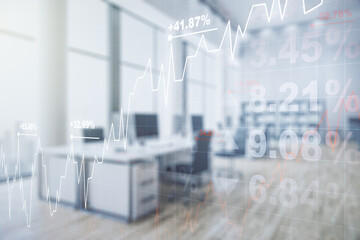 Double exposure of virtual creative financial diagram on a modern furnished office interior background, banking and accounting concept