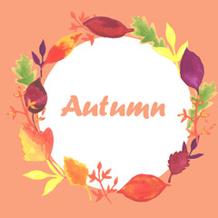 Wall Mural - Wreath from gouache autumn leaves on beige background, white circle for your text