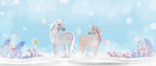 Unicorn Family Walking On Snow With Little Fairies Flying,Merry Christmas And Happy New Year 2022 Greeting Card For Kids With Fantasy Landscape Winter Wonderland Magic Forest.Vector Cute Cartoon