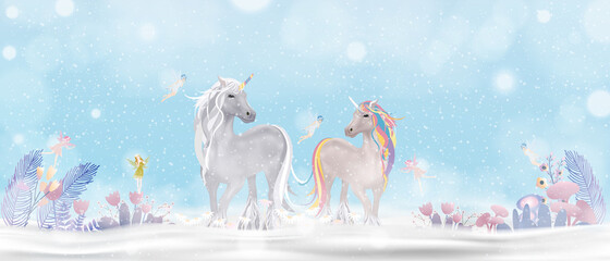 Unicorn family walking on snow with little fairies flying,Merry Christmas and Happy New Year 2022 greeting card for kids with Fantasy landscape winter wonderland magic forest.Vector Cute cartoon