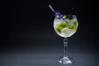 cocktail hugo or mojito with mint, lime and ice in wineglass on black background