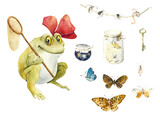 Fototapeta  - Frog with butterfly net. Fantastic character. Watercolor hand drawing illustration