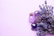 Beautiful amethyst crystals and round rose quartz stone with dry lavender bouquet. Magic amulets. Copy space