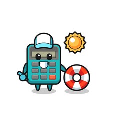 Cartoon mascot of calculator as a beach guard