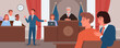 Court judgment, law justice concept vector illustration. Cartoon advocate lawyer or prosecutor character giving speech in front of judge, jury in courtroom, criminal defense public process background