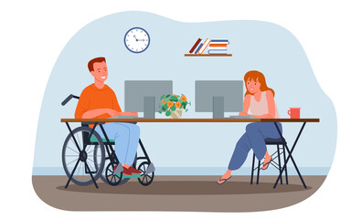 Disabled man working in office workplace vector illustration. Cartoon young handicapped male employee character in wheelchair, woman colleague work on computers, handicap employment isolated on white