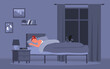 © Natalia - Girl sleeping in bed, healthy sleep at night, sweet dreams vector illustration. Cartoon young woman character lying in bed in bedroom interior, good work of biological circadian rhythms concept