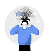 Man in a panic. Vector illustration of cartoon young adult stressed man in a blue jumper with hands on his head with doodle abstract elements on background
