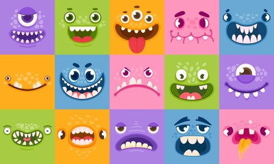 Wall Mural - Monster faces. Funny cartoon monsters heads, eyes and mouths. Scary characters for kids. Halloween monsters or aliens emotions vector set
