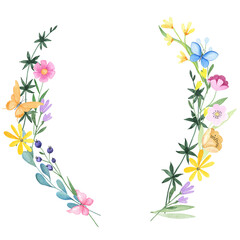  Watercolor floral wreath. Delicate flowers. Round border