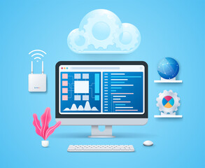 Cloud computing concept. Data protected exchange on computer or other mobile device and online storage. Computer with open programming window and diagram page on screen. Keyboard and mouse. Web vector