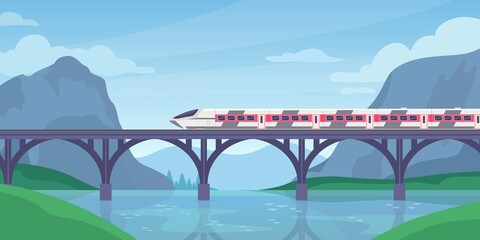 Train on bridge. Mountain landscape with speed electric train on railway. Fast railroad transport. Traveling adventure trip vector concept