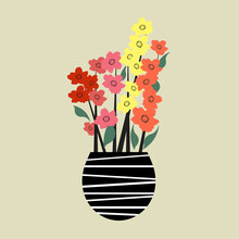 Retro Style Illustration Of Colorful Flowers In Black And White Striped Vase On Pastel Background