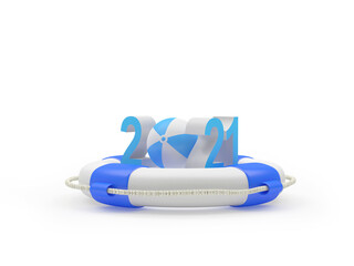 Sticker - Number 2021 on lifebuoy on white. 3d illustration 