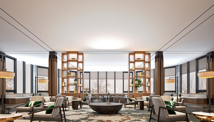 3d render of wooden style lobby and reception