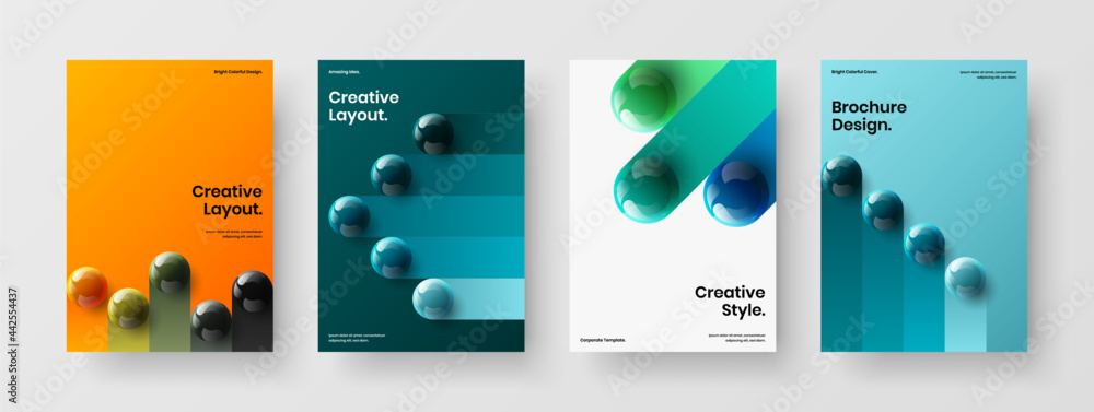 Multicolored realistic balls corporate brochure template set. Bright magazine cover A4 vector design layout composition. - obrazy, fototapety, plakaty 