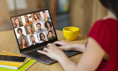 Wall Mural - Online Tutoring. Unrecognizable Female Teacher Starting Video Conference With Group Of Students