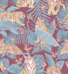  Tiger in tropical forest/jungle with butterfly, orchid flowers and palm leaves. Seamless pattern with vintage color. Vector Illustration