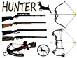 Collection of hunting vectors, graphic design, illustration, muzzleloader, shotgun, rifle, crossbow, recurve bow, compound bow, scope, deer silhouette.