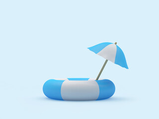 Wall Mural - Beach umbrella in lifebuoy on blue. 3d illustration